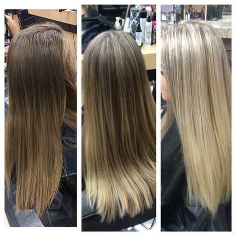 Process so far on this lovely lady!  She wants a bright blonde towards the ash/icy side.  *1st picture is how she came in with natural at the root & some old color on the mid to ends  *2nd picture (first session) I had to break through the old color with a full highlight *3rd picture on the right is our 2nd session which I did another full highlight and it looks amazing!!   ***Next session will just be touching up and trying to break though more of that end color to take as much gold out as poss Going From Black To Blonde Hair Stages, First Session Going Blonde, Honey Blonde Vs Ash Blonde, First Session Balayage, Scalp Bleach Blonde Vs Foils, Full Highlights, Bright Blonde, Touch Up, Hair Inspo