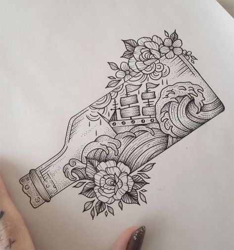 Feminine Ship Tattoo, Ocean In A Bottle Tattoo, Feminine Nautical Tattoo, Ship Tattoo Women, Titanic Tattoo Ideas, Sinking Ship Tattoo, Ship In A Bottle Drawing, Bottle Tattoo Design, Sea Tattoo Design