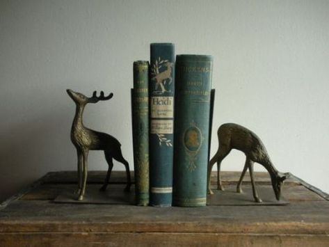 Book Ends Aesthetic, Books On A Shelf, Bookends Vintage, Ivy House, Vintage Deer, Book Ends, Woodland Creatures, Home Library, A Shelf