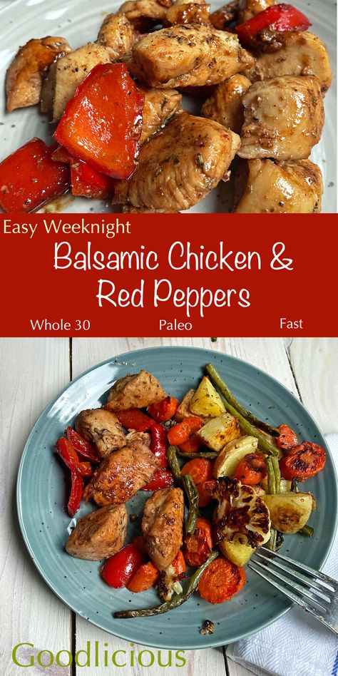 Looking for an easy chicken recipe? This is it! Tender, juicy chunks of chicken are sauteed with red peppers and a balsamic glaze. Get a healthy, tasty dinner on the table in 25 minutes. Balsamic Chicken And Peppers, Roast Chicken With Balsamic Bell Peppers, Red Pepper Recipes Healthy, Chicken And Red Pepper Recipes, Chicken Red Pepper Recipe, Easy Balsamic Chicken, Red Hot Chicken, Red Bell Pepper Recipes, Jewish Dishes