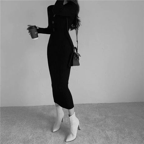 Korean Elegant Dress, Vintage Knitted Sweater, Slim Bodycon Dress, Body Con Dress Outfit, Midi Dress Elegant, Bodycon Sweater, Ribbed Sweater Dress, Long Bodycon Dress, Long Sleeve Dresses