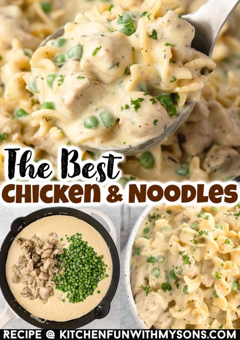 This creamy Chicken and Noodles recipe is the ultimate comfort food. It’s quick and easy to make but is still full of flavor. One Pan Creamy Chicken And Noodles, Creamy Chicken And Noodles Stove Top, Easy Chicken And Noodles Stove Top, Comforting Chicken And Noodles, Creamy Chicken And Noodles Recipe, Creamy Chicken Noodles, Fun Food Ideas For Kids, Chicken Noodle Bake, Easy Chicken And Noodles