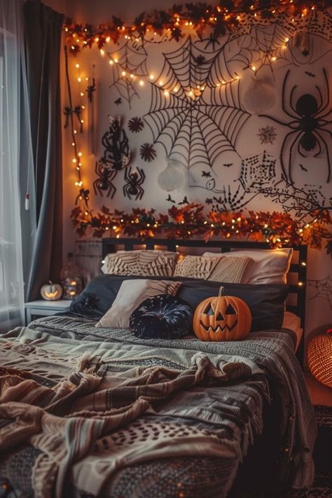 Fall Halloween Room Aesthetic, Halloween Lights In Bedroom, Boys Halloween Room Decor, Spooky Room Decor Bedroom, Halloween Decor For Room, Halloween Room Aesthetic, Halloween Room Ideas, Fall Room Decor Aesthetic, Halloween Interior Decor