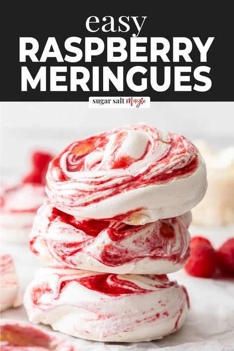 These raspberry meringues are sweet and tangy and absolutely delicious. Crunchy on the outside with a chewy inside, they're such a gorgeous treat. Raspberry Meringue Cookies, Flavored Meringues, Berry Meringue, Flavoured Meringues, Chewy Meringue Recipe, Types Of Meringue, Merigune Desserts, Flavored Meringue Cookies, Meringue Dessert