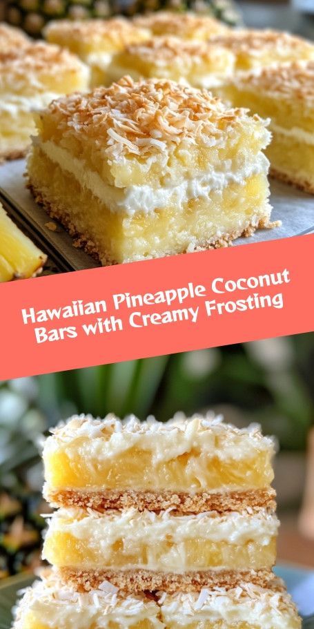 Hawaiian Pineapple Coconut Bars with Creamy Frosting | Tropical Dessert Recipe Indulge in a tropical escape with these Hawaiian Pineapple Coconut Bars! Bursting with fresh pineapple and shredded coconut flavors, and topped with a creamy frosting, these delightful bars are perfect for any occasion. Easy to make and irresistibly delicious, bring the sunshine of Hawaii into your kitchen today! Hawaiian Desserts Easy, Pineapple Dessert Easy, Hawaiian Desserts, Tropical Desserts, Pineapple Dessert Recipes, Creamy Frosting, Pineapple Desserts, Coconut Desserts, Pineapple Recipes