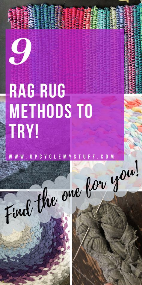 9 different methods for making a rag rug from your scrap fabric. Includes braided t-shirt rugs, crocheted rag rugs, no sew rag rugs & rugs from fabric twine and old towels. From beginners to advanced. Find the perfect method for you! #ragrugs #scrapfabricideas Rag Rugs From Sheets, Rag Rug Making Diy, No Sew Braided Rag Rug, Braided Rag Rugs No Sew, T Shirt Rug Diy How To Make, Diy Tshirt Rug No Sew, Braid In Rug Tutorial, Diy Rag Rug Loom, No Sew Rag Rug Tutorial