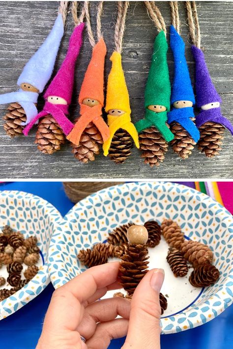 Waldorf Pinecone Crafts, Christmas Crafts From Nature, Mini Pine Cone Crafts, Nature Christmas Ornaments For Kids, Christmas Crafts Nature, Diy Nature Christmas Ornaments, Christmas Nature Crafts For Kids, Cone Gnomes Diy, Christmas Tree Crafts For Adults