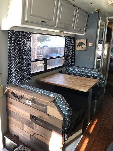 We’re getting so close to being completely done with our remodel!! My awesome hubby used some of our leftover butcher block to rebuild our dinette table and to make me a cover for the sink! W… Blue Camper Cabinets, Blue Rv Interior, Camper Dining Booth Remodel, Motorhome Remodel, Camper Redo, Glamper Camper, Camper Reno, Butcher Block Table, Dinette Table