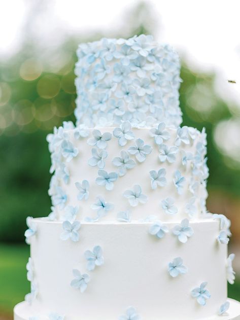 Blue Floral Wedding Cake, Wedding Cake Designs Blue, Light Blue Wedding Cake, Wedding Cake Hydrangea, Fancy Wedding Cakes, Blue Wedding Cake, Baby Blue Weddings, Blue White Weddings, Blue Floral Wedding