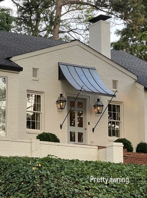 Equestrian Home Exterior, Copper Awning Front Door, Front Portico Ideas, French Front Doors Entrance, House With Awnings, Awning Over Front Door, Colonial Portico, Porch Awnings, Awning Over Door