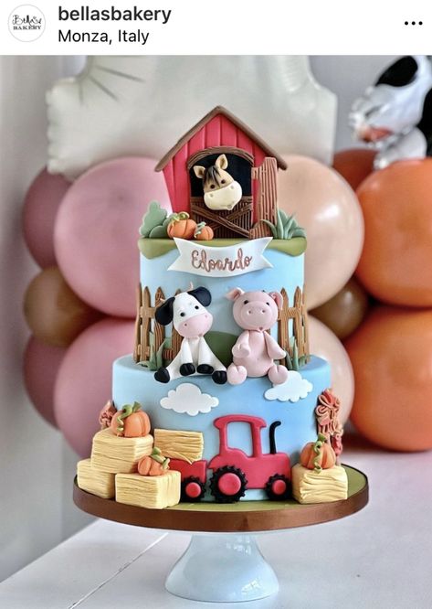 Farm Cakes, Farm Birthday Cakes, Barnyard Cake, Barn Cake, Barnyard Bash, Farm Animal Cakes, Tractor Cake, Farm Cookies, First Bday