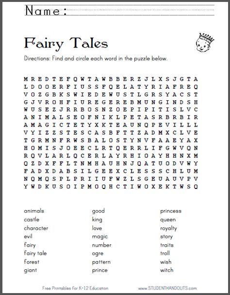 Fairy Tales Word Search Puzzle - Free to print (PDF file). Fairy Tale Worksheets, Party Time Quotes, Forest Giant, Fall Word Search, Fairy Tales Unit, Fairytale Theme, Evil Fairy, Fall Words, Word Search Printables