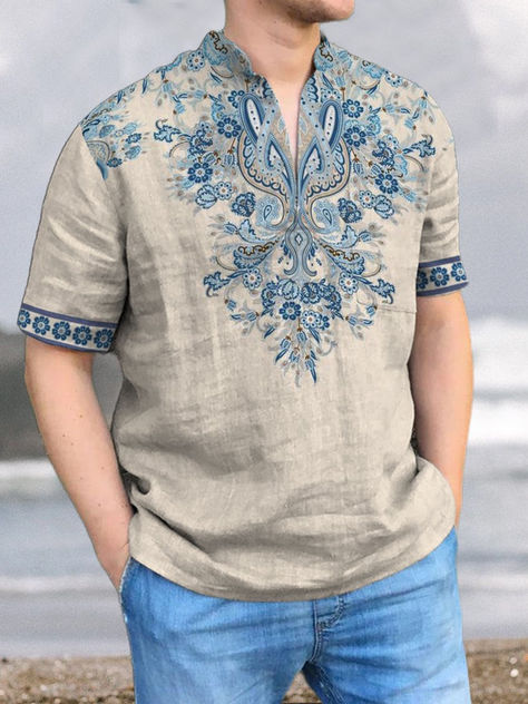 Man Dress Design, Moda Hippie, Mens Kurta Designs, Men Fashion Casual Shirts, Linen Fashion, Mens Casual Dress, Mens Trends, Shirt Embroidery, Kurta Designs