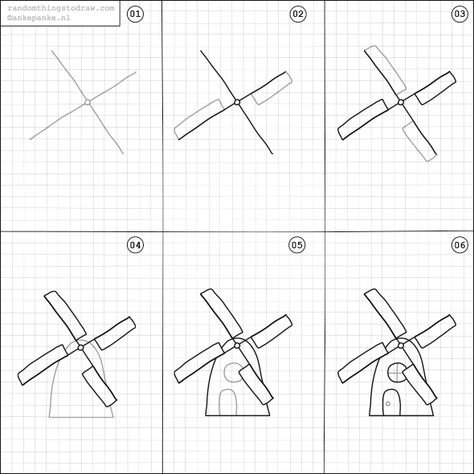 How to draw a windmill. Windmill Doodle, Random Things To Draw, Windmill Drawing, Doodle Easy, Drawing Steps, Wind Mill, Bujo Doodles, Doodle Inspiration, Things To Draw