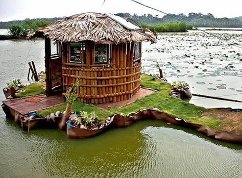 Waterside Bamboo Hut Circular House, Bamboo Hut, White Walls Living Room, Playhouse Ideas, Unusual House, Massage Studio, Crazy Houses, Tiki Style, Barn Photography