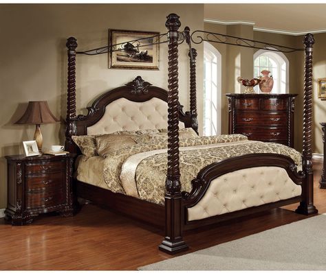 Furniture of America Kassania Luxury 2-piece Poster Canopy Bed with Nightstand Set #afflink Bedroom 4 Poster Bed, Idea Bilik Tidur, Canopy Bedroom Sets, 4 Poster Bed, Reka Bentuk Bilik Tidur, 5 Piece Bedroom Set, Canopy Bedroom, Cherry Brown, Queen Poster