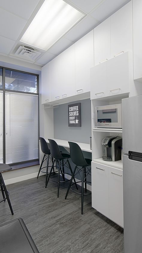 West Loop Dental - Key Interiors Office Kitchenette Break Room, Small Office Break Room Design, Dental Office Break Room, Small Office Kitchen Break Room, Work Lounge Office Break Room, Small Office Break Room, Salon Break Room, Salon Break Room Ideas, Small Break Room Ideas