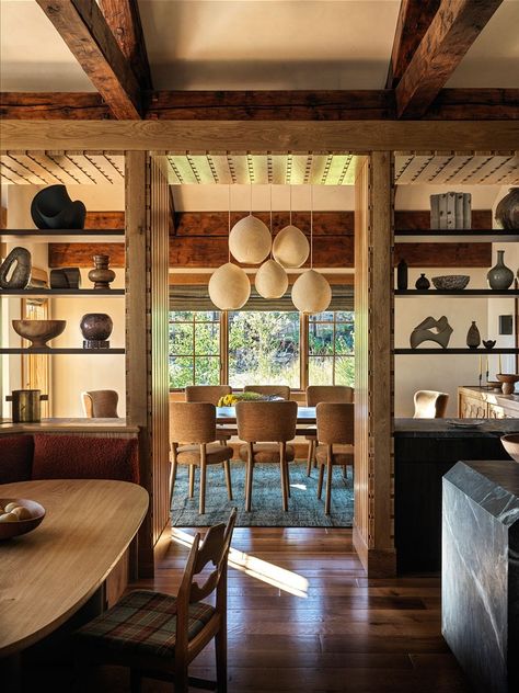 Electric Bowery | Robison Home Builders Electric Bowery, Exposed Beams Ceiling, Japanese Tile, Stained Trim, Dining Banquette, Japanese Soaking Tubs, Basement Inspiration, Double Sided Fireplace, Faux Beams