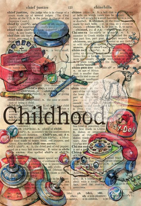 flying shoes art studio: CHILDHOOD Kunstjournal Inspiration, Mixed Media Drawing, Media Drawing, Newspaper Art, Arte Peculiar, Book Page Art, Dictionary Art, Gcse Art, Vintage Diy