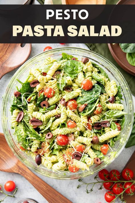 Pesto Pasta Salad from Beaming Baker. Creamy, garlicky pesto coats bountiful pasta and fresh tomatoes, basil, and spinach for a colorful, fresh Pesto Pasta Salad that’s filling and packed with healthy ingredients! One of my favorite lunch recipes! Pasta Salad With Pesto Recipes, Chicken Pesto Pasta Salad Recipes, Pesto Pasta Salad Recipes Cold, Pesto Pasta Salad Recipes, Cold Pesto Pasta, Basil Pesto Pasta Salad, Creamy Pesto Pasta Salad, Cold Pesto Pasta Salad, Pesto Salad Recipes