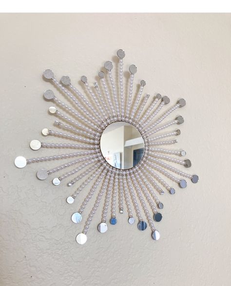 Sunburst Mirror Wall, Mini Mirrors, Small Round Mirror, Round Mirror Decor, Small Round Mirrors, Starburst Mirror, Handmade Clocks, Pearl Decor, Dollar Tree Diy Crafts