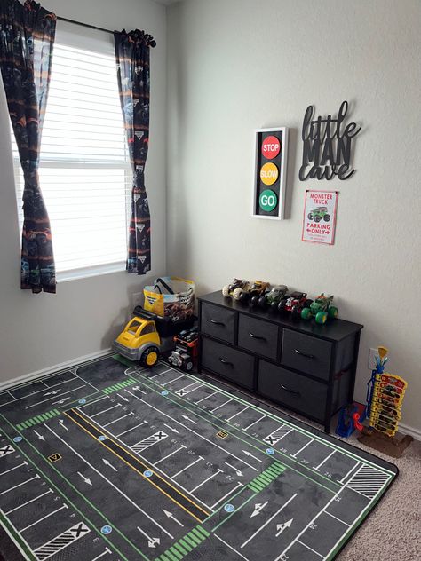 Car And Truck Toddler Room, Monster Jam Kids Room, Toddler Boy Truck Room, Monster Truck Bedroom Decor, Cars Theme Room Boys, Monster Truck Playroom, Car Themed Rooms For Boys, Toddler Boy Room Simple, Hot Wheels Room Ideas For Boys