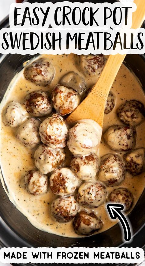 This recipe for Swedish Meatballs is SO easy to make in the slow cooker! The meatballs come out juicy and there is so much creamy sauce, perfect for mopping up with mashed potatoes or buttered noodles. Instructions for frozen meatballs for extremely quick prep, plus instructions for homemade meatballs if you want to cook from scratch. | #swedishmeatballs #meatballrecipe #groundbeefrecipe #crockpotmeals #crockpotrecipe #slowcookerrecipe #crockpotdinner #slowcookerdinner #easydinner Slow Cooker Sweedish Meatballs, Easy Sweedish Meatballs, Sweetish Meatballs Recipe, Slow Cooker Frozen Meatballs, Turkey Meatballs Crockpot, Best Swedish Meatballs, Slow Cooker Swedish Meatballs, Swedish Meatballs Crockpot, Meatball Recipes Crockpot