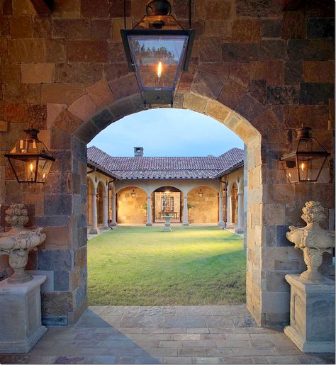 . Court Yard, Usa House, Courtyard Entry, Roman Villa, Mediterranean Living, Wrought Iron Decor, Front Courtyard, Tuscan Design, Tuscan Inspired