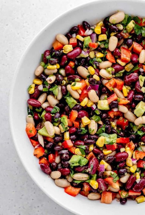 Vegetarian Mixed Bean Salad with Avocado {Mexican-Style} Mixed Bean Salad Recipes, Mixed Bean Salad, Marinated Salad, Mexican Bean Salad, Bean Salads, Bean Dip Recipes, Bean Salad Recipe, Three Bean Salad, Mexican Salads