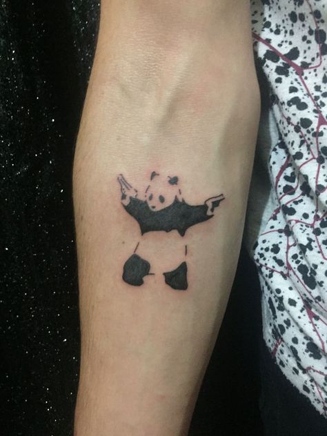 Banksy Panda Tattoo, Cool Panda Tattoo, Minimalistic Panda Tattoo, Panda Tattoos Men, Derpy Tattoos, Panda Tattoo Men, Trash Panda Tattoo, Tattoo Ideas Panda, Small Panda Tattoo