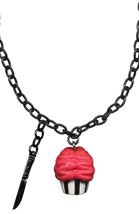 PRICES MAY VARY. Has a pink braincake & knife Kitschy 'n quirky necklace Perfect for any spooky gal! Take a big ole' slice of Braincake! Yep braincake! This kitschy 'n quirky necklace has a pink braincake & knife that hang from a chain link necklace. This necklace measures 9"" from top of chain to the bottom of the braincake, with an additional 3" extender. The chain measures 8" from top to bottom. The braincake measures 11/16" x 3/4" x 5/8" Gothabilly Fashion, Cupcake Necklace, Knife Necklace, Sourpuss Clothing, Goth Outfits, Chain Link Necklace, Pharmacy Gifts, Punk Rock, Sugar Skull