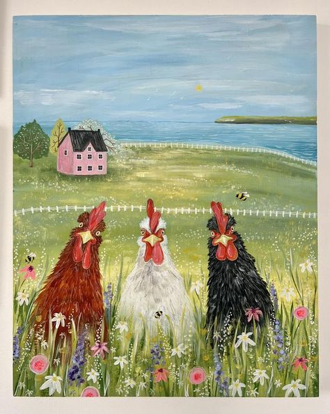 Lia Contrino Art Dining Painting, Black Chickens, Farm Paintings, Chicken Painting, Wooden Panel, Chicken Art, Night Painting, Hobby Farms, Red Barn