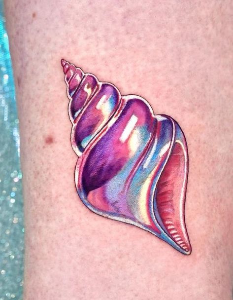 Pearlescent Tattoo, Colorful Sea Tattoo, Artist Tattoos For Women, Partial Color Tattoo, Sea Glass Tattoo, Holographic Tattoo, Jellyfish Tattoo Color, Coral Reef Tattoo, Kitschy Style