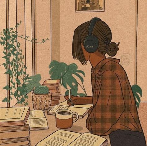 Writer Pfp, Women Listening To Music, Cozy Pfp, Writer Illustration, Illustration Art Aesthetic, Faceless Pfp, Cozy Art, Vintage Illustration Art, Art Corner