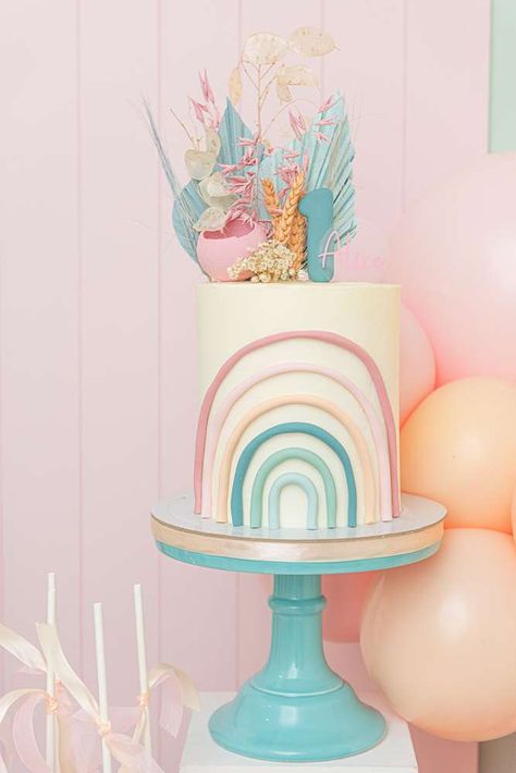 Pastel Rainbow Birthday Party Cake, Boho Rainbow One Year Old Party, Pastel Rainbow One Year Old Party, Pastel Rainbow First Birthday Cake, Pastel Rainbow Birthday Party Backdrop, 1st Bday Cake, Rainbow Cakes, Rainbow First Birthday, 1st Birthday Girl Decorations