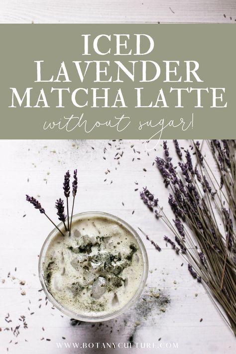 If you're into dreamy botanical beverages, learn how to make an iced lavender matcha latte without sugar. This recipe has only 3 ingredients and uses a simple DIY lavender simple syrup made with honey instead of cane sugar to sweeten it up just the right amount. #lavender #simplesyrup #matcha #matchalatte #lavenderlatte #icedlatte Matcha Syrup Recipe, Healthy Lavender Syrup, Lavender Matcha Latte Recipe, Botanical Recipes, Lavender Drinks, Lavender Matcha Latte, Lavender Matcha, Lavender Drink, Matcha Drink Recipes