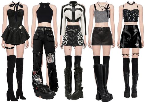 Eternal_stylist on ShopLook | The easiest way to find the perfect outfit Kpop Outfits Black, Black Kpop Outfit, Kpop Costume, Korean Outfits Kpop, Outfit Kpop, Badass Outfit, Kpop Concert Outfit, Black Thigh High Boots, Baddie Outfit