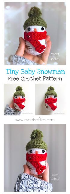 Tiny Baby Snowman (Free Crochet Pattern) - Sweet Softies | Amigurumi and Crochet Snowman Crochet Patterns Free, Snowman Amigurumi, Snowman Crochet, Animal Amigurumi, Easy Christmas Ornaments, Crochet Snowman, Easy Crochet Projects, Kawaii Doll, Crochet Amigurumi Free Patterns