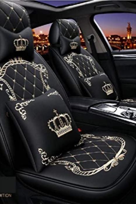 Crown Full Set Universal Fit 5 Seats Car Surrounded Waterproof Leather Car Seat Covers Gold Car Interior, Crown Car, Car Seat Upholstery, Bling Car Accessories, Custom Car Interior, Luxury Car Interior, Leather Car Seat Covers, Leather Car Seats, Cute Car Accessories