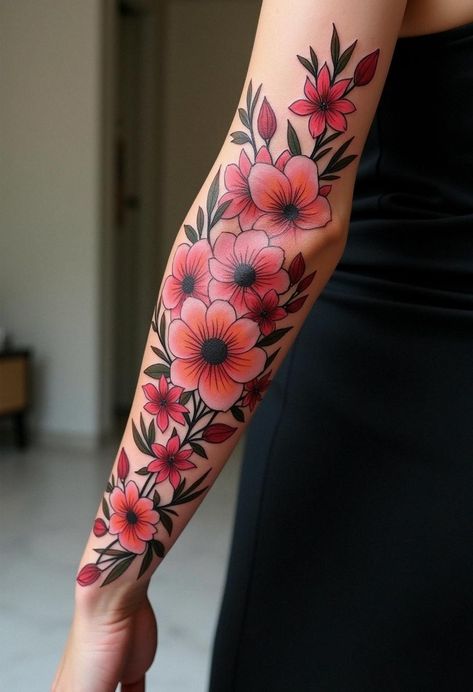 Stunning Tattoos: Flower Designs For You - Artful Ink Neo Traditional Flowers, Bright Colorful Tattoos, Traditional Flowers, 12 Tattoos, Stunning Tattoos, Bright Tattoos, Waist Tattoos, 13 Tattoos, Health Tattoo