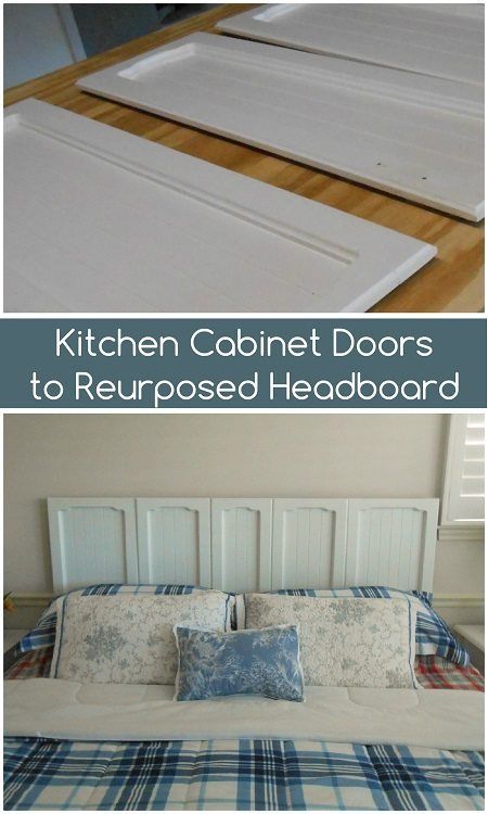 Kitchen Cabinet Doors to Repurposed Headboard DIY Inspired Door Headboard Diy, Cabinet Doors Repurposed Diy, Old Door Headboard, Refurbished Cabinets, Cabinet Door Ideas, Headboard From Old Door, Cabinet Doors Repurposed, Repurposed Headboard, Door Headboard