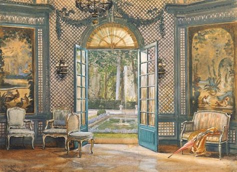 Rendering of the Trellis Room at the Colony Club, interior design by Elsie de Wolfe Best Coffee Table Books, Traditional Chic, Elsie De Wolfe, French Colonial, Design Library, Interior Illustration, Interior Rendering, Open Door, Vintage Interiors