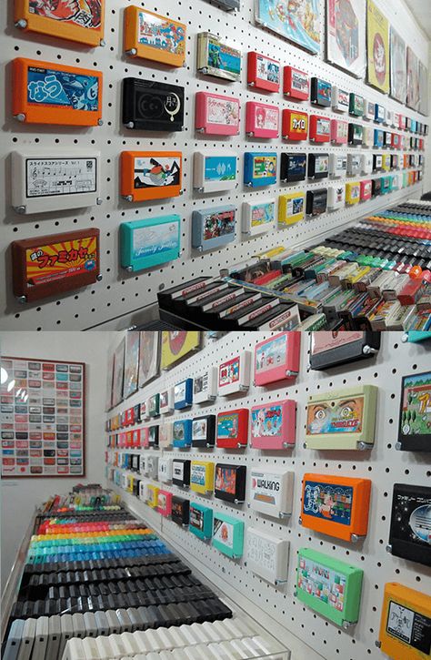 Famicase Exhibition (fictional Nintendo Famicom video game carts) Nintendo Room, Deco Gamer, Video Game Storage, Video Game Crafts, Game Cart, Retro Games Room, Arcade Room, Otaku Room, Game Storage