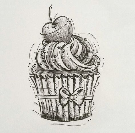 Cute Cupcake Tattoo, Dessert Tattoo Ideas, Baker Tattoo Ideas, Cake Tattoo Ideas, Bakery Tattoo, Cupcakes Art Drawing, Sweets Embroidery, Cupcake Sketch, Cupcake Tattoo Designs