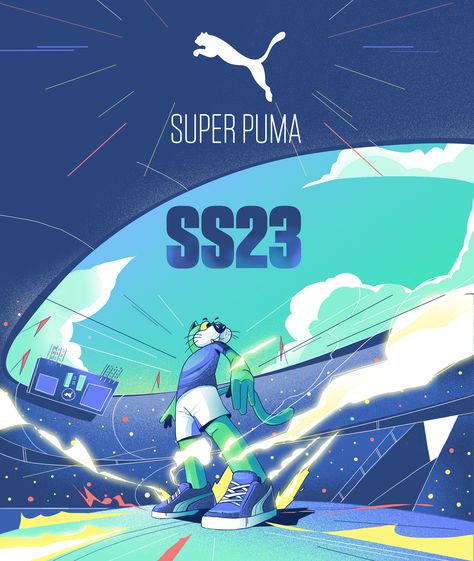 SUPER PUMA SS23 on Behance Ssjg Goku, Sports Illustrations Design, Ligne Claire, Sport Illustration, Cultural Events, Sport Poster, Sports Brands, Flat Illustration, Animation Studio