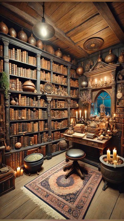 Witch Study Room, Harry Potter Library Aesthetic, Apothecary Bookshelf, Witch Bookshelf, Magic Library Aesthetic, Magic Bookshelf, Witch Library, Wizard Library, Wizard Room