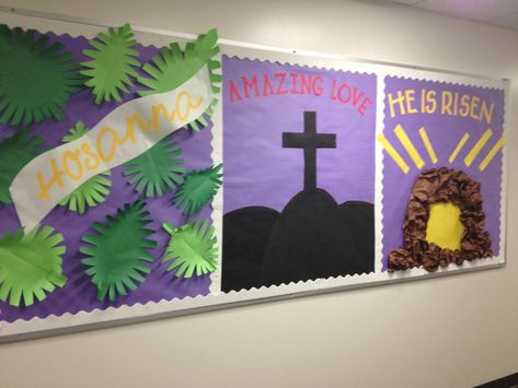 Easter bulletin boards for Sunday School | Easter bulletin board! Love it Christian Easter Bulletin Board Ideas, Easter Church Bulletin Boards, Christian Bulletin Board Ideas, Easter Bulletin Board, Religious Bulletin Boards, Bible Bulletin Boards, Easter Bulletin Boards, Palm Sunday Crafts, Christian Bulletin Boards