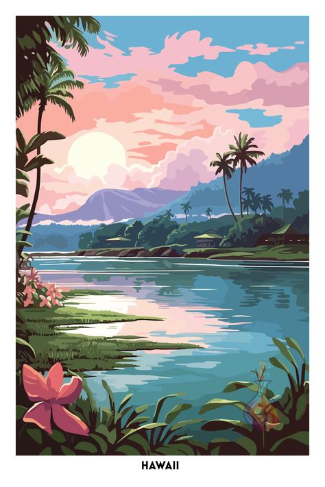 🌴 Wonderful wall art, perfect for coastal style house decor! 😃🍹🏄‍♀️ Summer Posters Ideas, Beach House Poster, Hawaii Illustration, Star Wars Travel Posters, Beautiful Scenery Drawing, Hawaii Decor, Hawaii Poster, Posters Photography, Hawaii Art Print