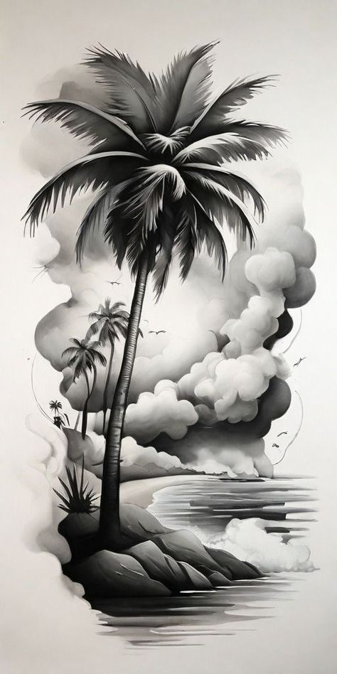 Beach Tree Tattoo, Palm Tree Scene Tattoo, Palm Tree Beach Tattoo Design, Palm Beach Tattoo, Beach Palm Tree Tattoo, Palm Trees Tattoos, Palm Tattoo Design, Palm Trees Tattoo Design, Beach Tattoo Design