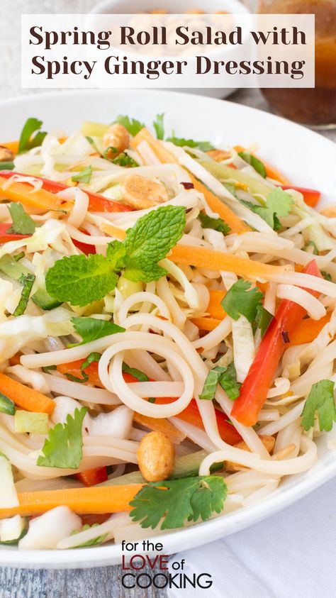 This delicious spring roll salad with spicy ginger dressing is loaded with fresh veggies and tender rice noodles, tossed in a flavorful spicy ginger dressing.   New Recipe ~ Spring Roll Salad with Spicy Ginger Dressing  Link: https://fortheloveofcooking.net/recipe/spring-roll-salad-with-spicy-ginger-dressing  #recipes #salad #springrollsalad #vegetarianrecipes #AsianSalad #ricenoodles #saladlover #saladrecipe Spring Roll Salad With Spicy Ginger, Summer Roll Salad, Spring Roll Salad, Vegetarian Spring Rolls, Main Salad, Seasoned Rice Vinegar, Ginger Dressing, Asian Salad, Spring Roll